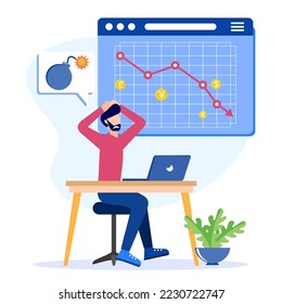 Economic crisis hit flat style vector illustration. Management failed to make profit, businessman sad, business fell to chart, arrow, failed business, risk, problem.