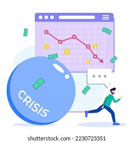 Economic crisis hit flat style vector illustration. Management failed to make profit, businessman sad, business fell to chart, arrow, failed business, risk, problem.