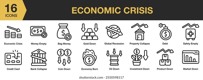 Economic Crisis icon set. Includes Economic, bag money, credit card, bank, global, property collapse, and More. Outline icons vector collection.