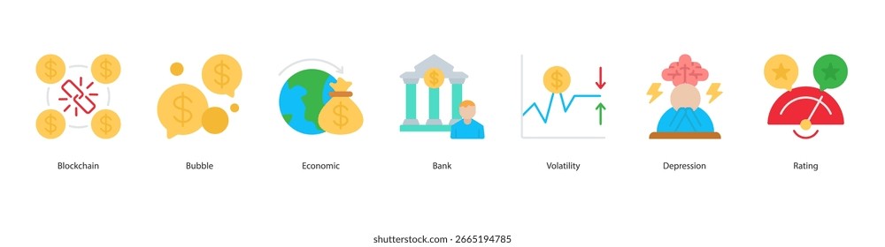 Wirtschaftskrise Symbol Set Web-Banner Vektorgrafik Blockchain, Blase, Wirtschaft, Bank, Volatilität, Depression, Rating