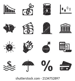 Economic Crisis Icons. Black Scribble Design. Vector Illustration.