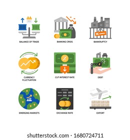 Economic crisis icons set flat style