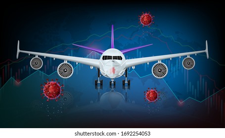 The economic crisis impact of the airline and travel tourism business from the outbreak of the disease Coronavirus or Covid-19. Vector illustration design.