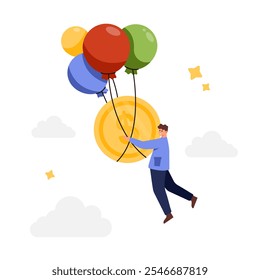 Economic crisis, inflation, speculation and risk of prices increase for consumer. Tiny man with fear flying on air balloons, businessman holding big gold dollar coin cartoon vector illustration