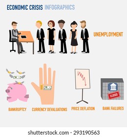 The economic crisis infographic.Unemployment,bankruptcy,currency devaluations,Price deflation, bank failures.illustration EPS10.