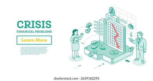 Economic crisis. Isometric outline illustration. Man and woman discuss falling chart and broken dollar coins. Financial instability, risk, and market downturn visualized in vector art.