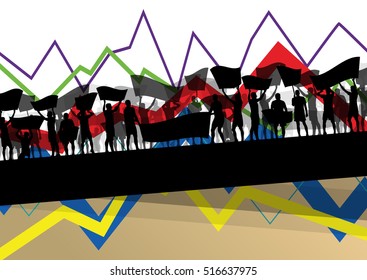 Economic crisis line chart with protesting people  banners and signs in abstract vector background illustration