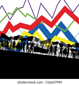 Economic crisis line chart with protesting people  banners and signs in abstract vector background illustration