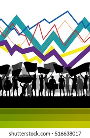 Economic crisis line chart with protesting people  banners and signs in abstract vector background illustration