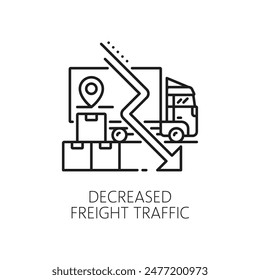 Economic crisis line icon of freight traffic decrease and commercial economy downturn, vector symbol. Logistics business recession icon of freight truck, parcels and arrow down for financial crisis