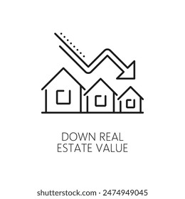 Economic crisis line icon of real estate value down or property depreciation, vector outline symbol. Real estate value decrease with arrow down icon for global economic crisis and financial downturn