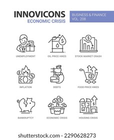 Economic crisis and market crash - line design style icons set. Unemployment, oil price rate, bankruptcy, financial difficulties. Inflation and loan debt, piggy band and lost savings. Money problems