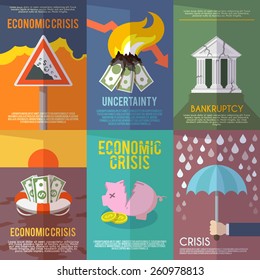 Economic crisis mini poster set financial bankruptcy flat isolated vector illustration