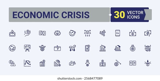 Economic Crisis minimal icon set. Contains such icons as bankrupt, down, depression, economy, bank, money, house, fall. Minimal icons. Editable vector icon and illustration.