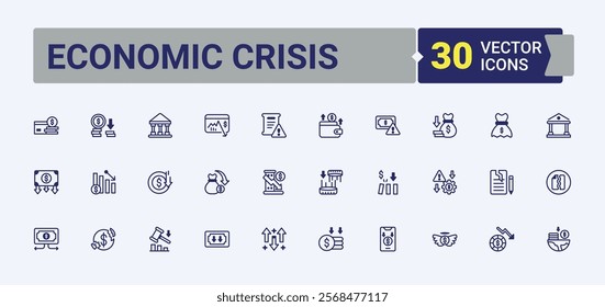 Economic Crisis minimal icon set. Contains such icons as bankrupt, down, depression, economy, bank, money, house, fall. Minimal icons. Editable vector icon and illustration.