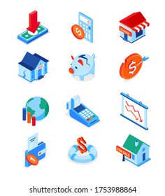 Economic crisis - modern colorful isometric icons set. Bankruptcy, financial and housing issues, inflation, drop in income ideas. Closed shop, house for sale, broken piggy bank, empty wallet images