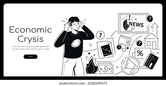 Economic crisis - modern line design style banner with copy space for text. Composition with anxious man and problems with finances and business. News, bankruptcy, money, cash and deposits