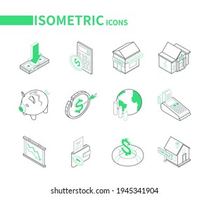 Economic crisis - modern line isometric icons set. Bankruptcy, financial and housing issues, inflation, drop in income ideas. Closed shop, house for sale, broken piggy bank, empty wallet images