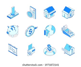 Economic crisis - modern line isometric icons set. Bankruptcy, financial and housing issues, inflation, drop in income ideas. Closed shop, house for sale, broken piggy bank, empty wallet images