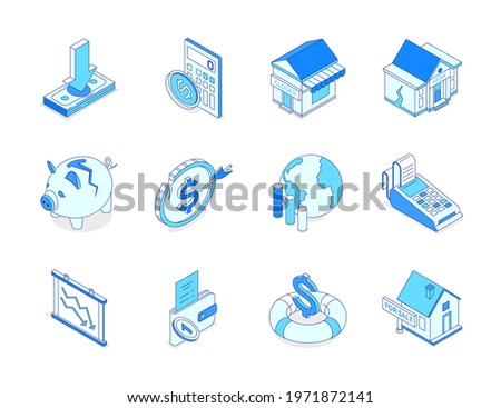 Economic crisis - modern line isometric icons set. Bankruptcy, financial and housing issues, inflation, drop in income ideas. Closed shop, house for sale, broken piggy bank, empty wallet images