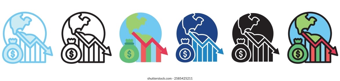 Economic Crisis multi style, mini illustration icon. outline, flat, glyph, dual tone, line color, UI, UX kit, app and web development, digital or print. For finance, business, economy.