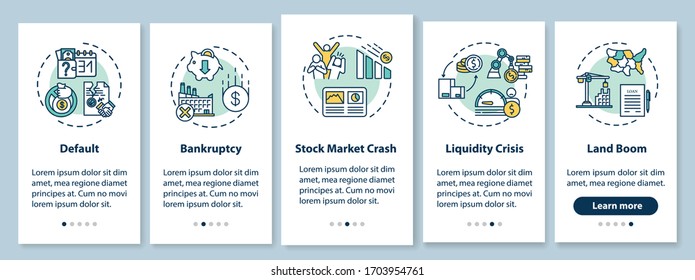 Economic crisis onboarding mobile app page screen with concepts. Global economic and social emergencies walkthrough five steps graphic instructions. UI vector template with RGB color illustrations