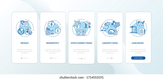 Economic crisis onboarding mobile app page screen with concepts. Global economic and social emergencies walkthrough five steps graphic instructions. UI vector template with RGB color illustrations