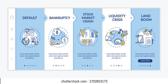 Economic crisis onboarding vector template. Default, land boo, bankruptcy, stock market crash. Responsive mobile website with icons. Webpage walkthrough step screens. RGB color concept