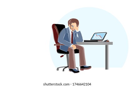 Economic crisis, professional bankruptcy. Businessman closes his face by hands. Worried and stress in pay. Depression frustrated person have financial problem. Risky business ruins. Cartoon vector.