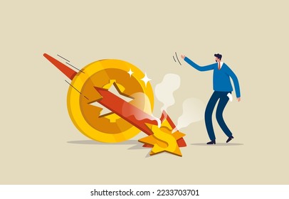 Economic crisis, recession. Man or Businessman suffered financial losses. Red arrow chart plunged down to destroy the dollar coin. Illustration