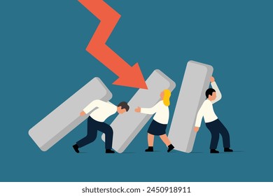 Wirtschaftskrise. Risiko in einem sinkenden Diagramm. Geschäftsleute arbeiten zusammen, um zu verhindern, dass Chart in einen Dominoeffekt abstürzt. Vektorgrafik Geschäftsabbildung