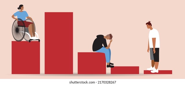 Economic crisis and sad people are depressed. Flat vector stock illustration. Graph, infographic, or economic chart. Concept of poverty