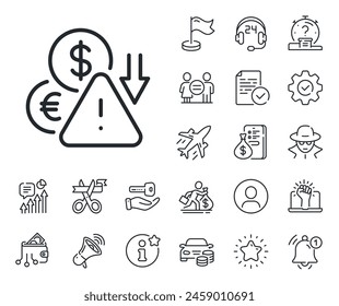 Signo de crisis económica. Iconos de salariales, igualdad de género y campanas de alerta. Icono de línea de deflación. Símbolo de reducción de ingresos. Signo de línea de deflación. Espiar o icono de marcador de posición de perfil. Vector