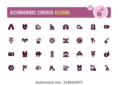 Economic crisis solid web icons set, decrease, layoff, pay cuts and more. Glyph icon collection for web and ui. Filled symbol pack, Editable and Vector illustration.