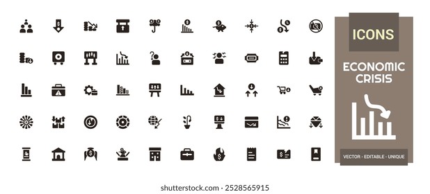 Crisis económica: sólidos iconos web establecidos, disminución, cesantías, recortes salariales y más. Colección de icono de glifo para Web y ui. Pack de símbolos rellenos, editable y Ilustración vectorial.