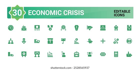 Crisis económica: sólidos iconos web establecidos, disminución, cesantías, recortes salariales y más. Colección de icono de glifo para Web y ui. Pack de símbolos rellenos, editable y Ilustración vectorial.