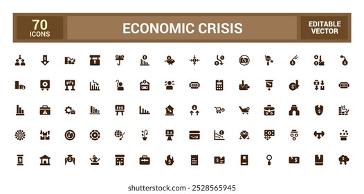 Economic crisis solid web icons set, decrease, layoff, pay cuts and more. Glyph icon collection for web and ui. Filled symbol pack, Editable and Vector illustration.