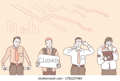 Economic crisis vector cartoon outline illustration. Sad man holding sign that say closed, and man with pockets turned outward, having no money. Bankrupt people, Coronavirus economic consequences.