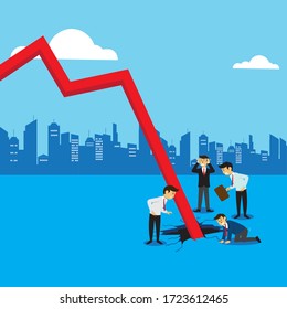 Economic Crisis Vector Concept: Red Business Line Chart Going Down Underground Surrounded By Businessmen