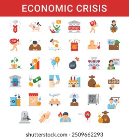 Economic Crisis vector icon set for commercial use