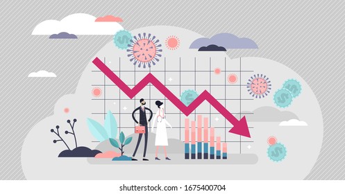 Economic crisis vector illustration. Financial stock recession flat tiny person concept. Global market negative graphic because of healthcare concern. Business risk and COVID-19 virus consequences.