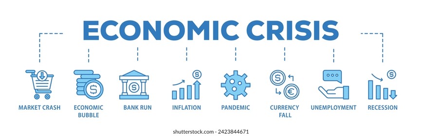 Economic crisis web banner icon vector illustration concept consists of recession, unemployment, inflation, currency fall, pandemic, bank run icon live stroke and easy to edit