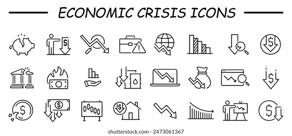 Economic crisis web icon set in line style. Decrease, layoff, job fired, pay cuts, low cost, collection. Vector illustration.