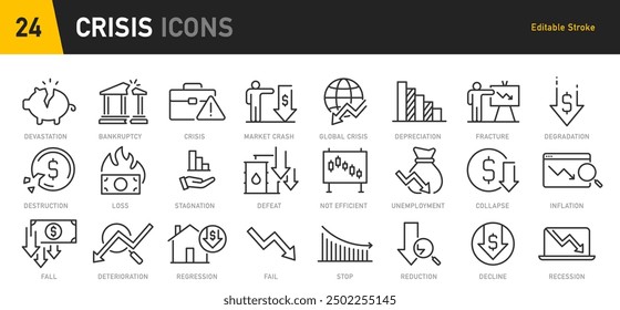Economic crisis web icon set in line style. Decrease, layoff, job fired, pay cuts, low cost, collection. Vector illustration.