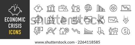 Economic crisis web icon set in line style. Decrease, layoff, job fired, pay cuts, low cost, collection. Vector illustration.