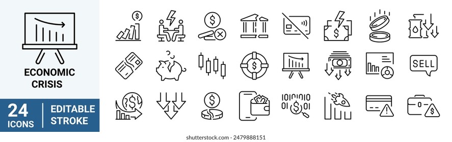 Icono de línea de Web de crisis económica. Disminución, despido, trabajo despedido, recortes salariales, Bajo costo, colección. Ilustración vectorial.