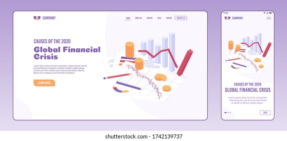 Economic crisis web page and onboarding screen template. Isometric vector illustration of business and financial analysis graphic with falling trend, paper graphics and golden coin money.