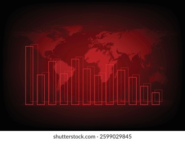 Economic critical crisis concept. The bar graph on red world map background. Recession financial, cryptocurrency, gold, and the stock market. Losing money and cash. Bearish.