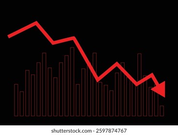 Economic critical crisis concept. The drop down arrow  and bar chart on red background. Recession financial, cryptocurrency, gold, and the stock market. Losing money and cash. Bearish.

