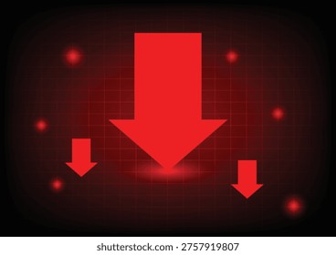 Economic critical crisis concept. The dropdown arrow on a red background. Recession, financial, cryptocurrency, gold, and the stock market. Losing money and cash. Bearish.